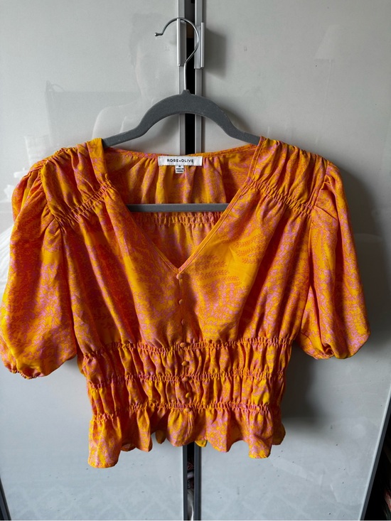 Rose & Olive Tops - Rose & Olive Orange and Pink V-Neck Smocked Waist Blouse | Medium